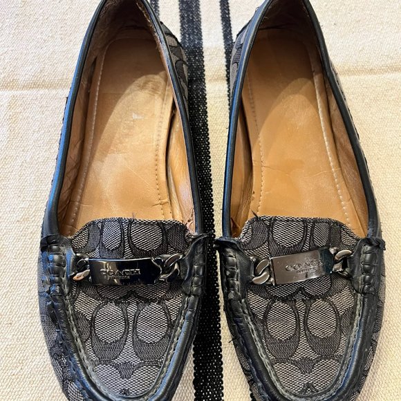 Coach Olive Black Gray Signature Logo Print Canvas Leather Loafer Size 7B - Picture 1 of 15